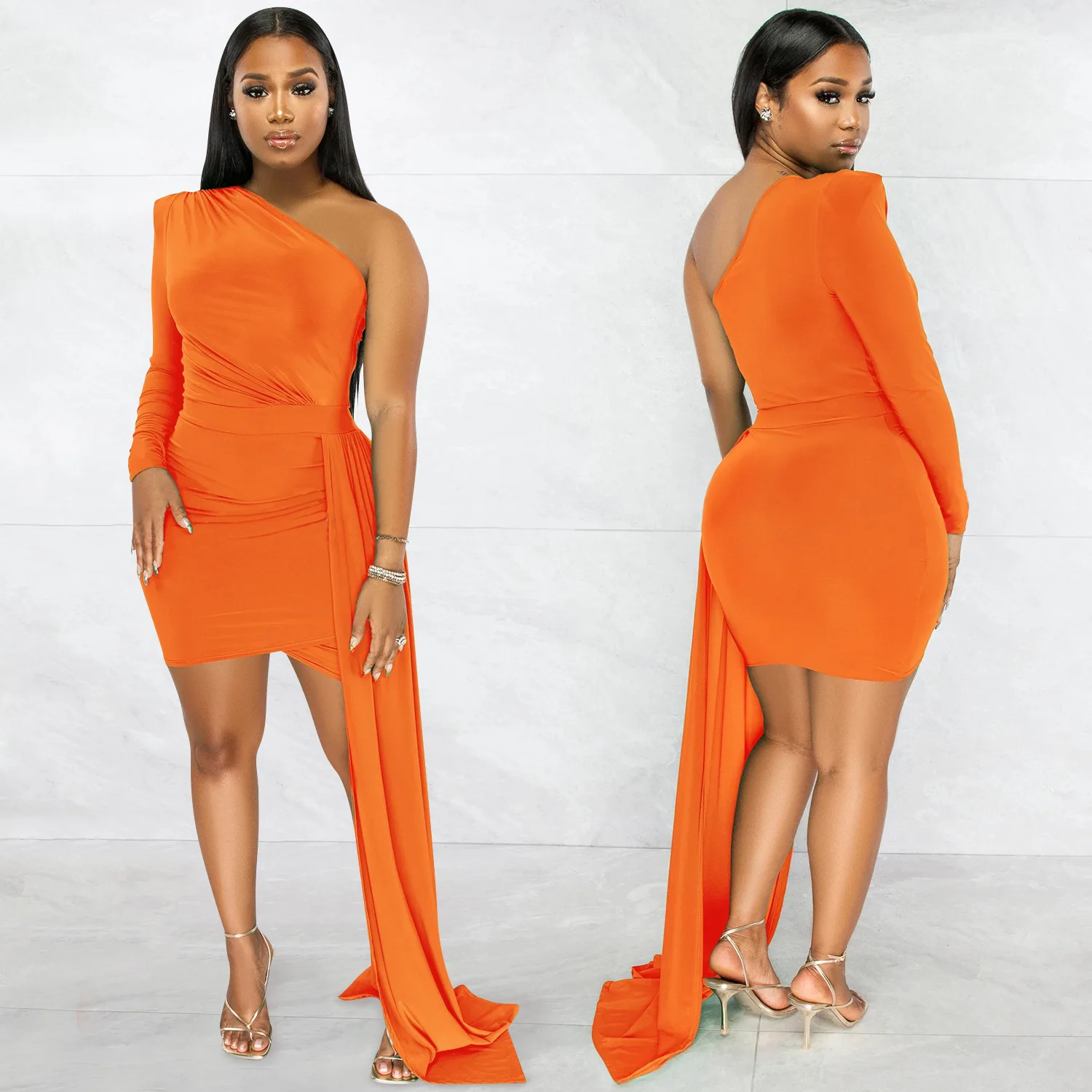 Nieuwe mode effen kleur enkele mouw casual diagonale kraag jurk dameskleding slank temperament sexy high-end kleding danc