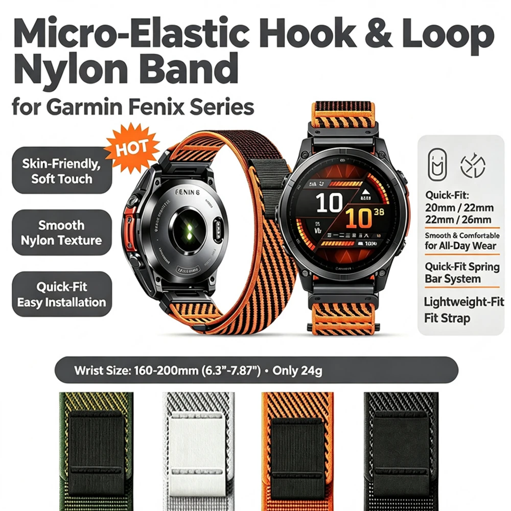Micro‑Elastic Hook & Loop Nylon Quick‑Fit Strap 20/22/26mm, Replacement Band for Garmin Fenix 5 6 7 8 Outdoor Sports Watch Bands