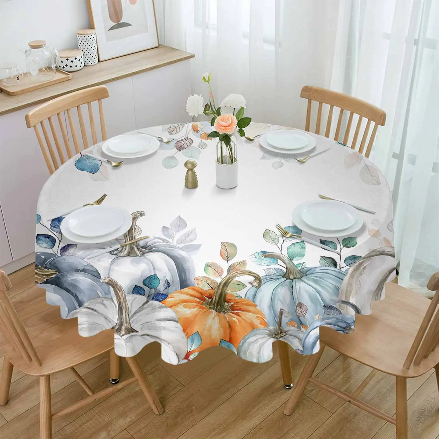 

Thanksgiving Pumpkin Leaves Round Table Cloth Festival Dining Tablecloth Waterproof Table Cover for Wedding Party Decor