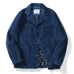 Quality 100% Cotton Indigo Handmade Plant Blue Dyeing Jacket for Men Spring Autumn Vintage Corduroy French Workwear Suit Blazer