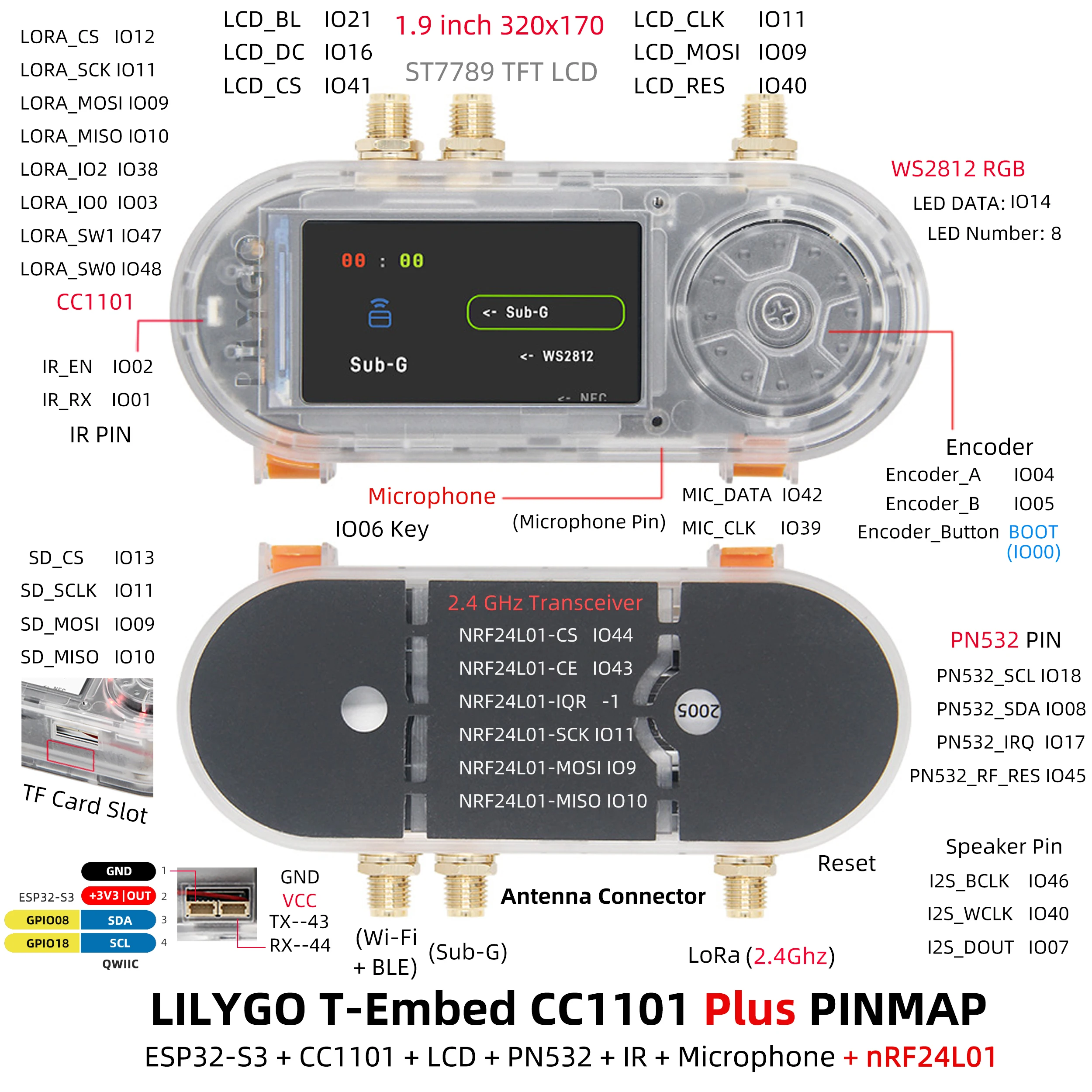 LILYGO® T-Embed ESP32-S3 cc1101 Low-Power-Sub-1 GHz HF-Transceiver pn532 nfc rfid i2c Modul LCD-Karte eingebaute Batterie 1300mah – Detail 6