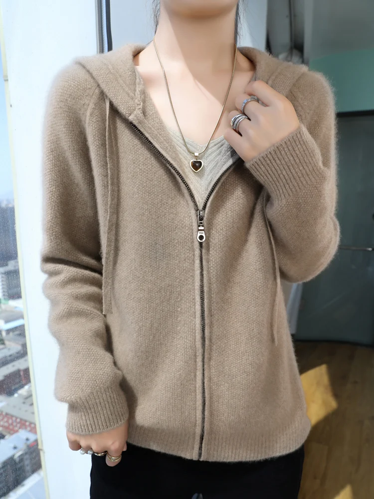 2024 Fashion Women Zippers Hooded Cardigan Autumn Winter Thick Casual Loose Style Cashmere Sweater 100% Merino Wool Knitwear Top