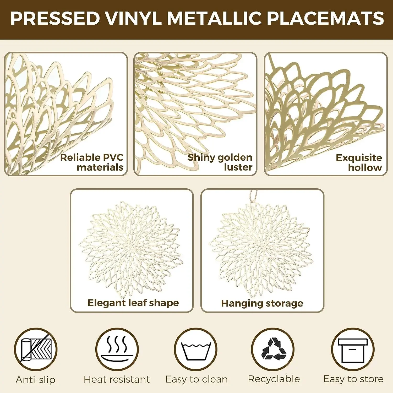 Set of 4 Metallic Placemats Set Vinyl Leaf Design Table Placemats for Christmas Thanksgiving Wedding Dinner Table Mat Coaster view 3