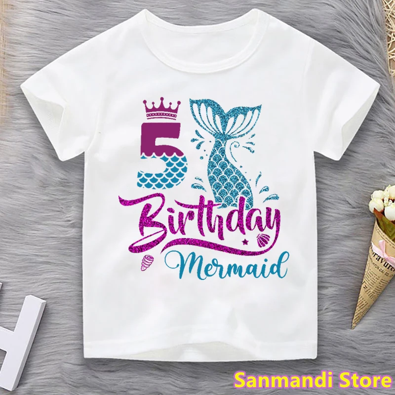 2-10th Verjaardag Mermaid Grafische Print T-shirt Voor Meisjes Kinderkleding Grappig Prinses Tshirt Kawaii Kids Kleding Tops