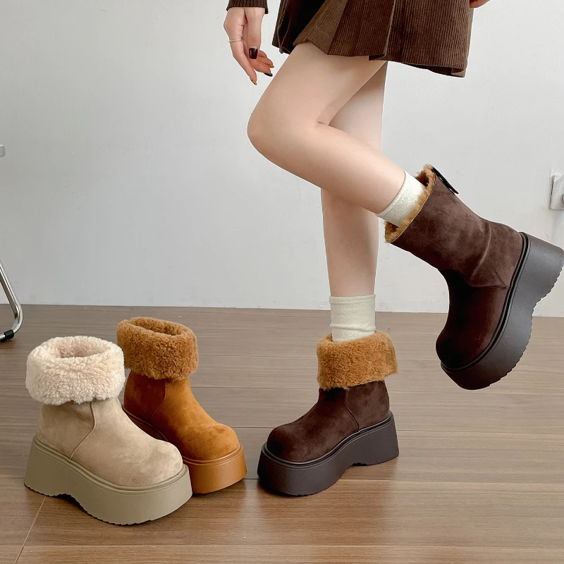 

Винтажные зимние женские зимние ботинки на толстой подошве на меху, лаконичная обувь, увеличивающая рост, женские удобные теплые хлопковые короткие ботильоны