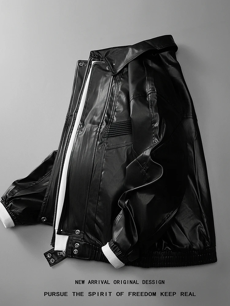 

American Retro Leather Jaet Men's Spring Autumn Loose Haome High-End Feel Motorcycle Jaet Youth Casual Pure Color