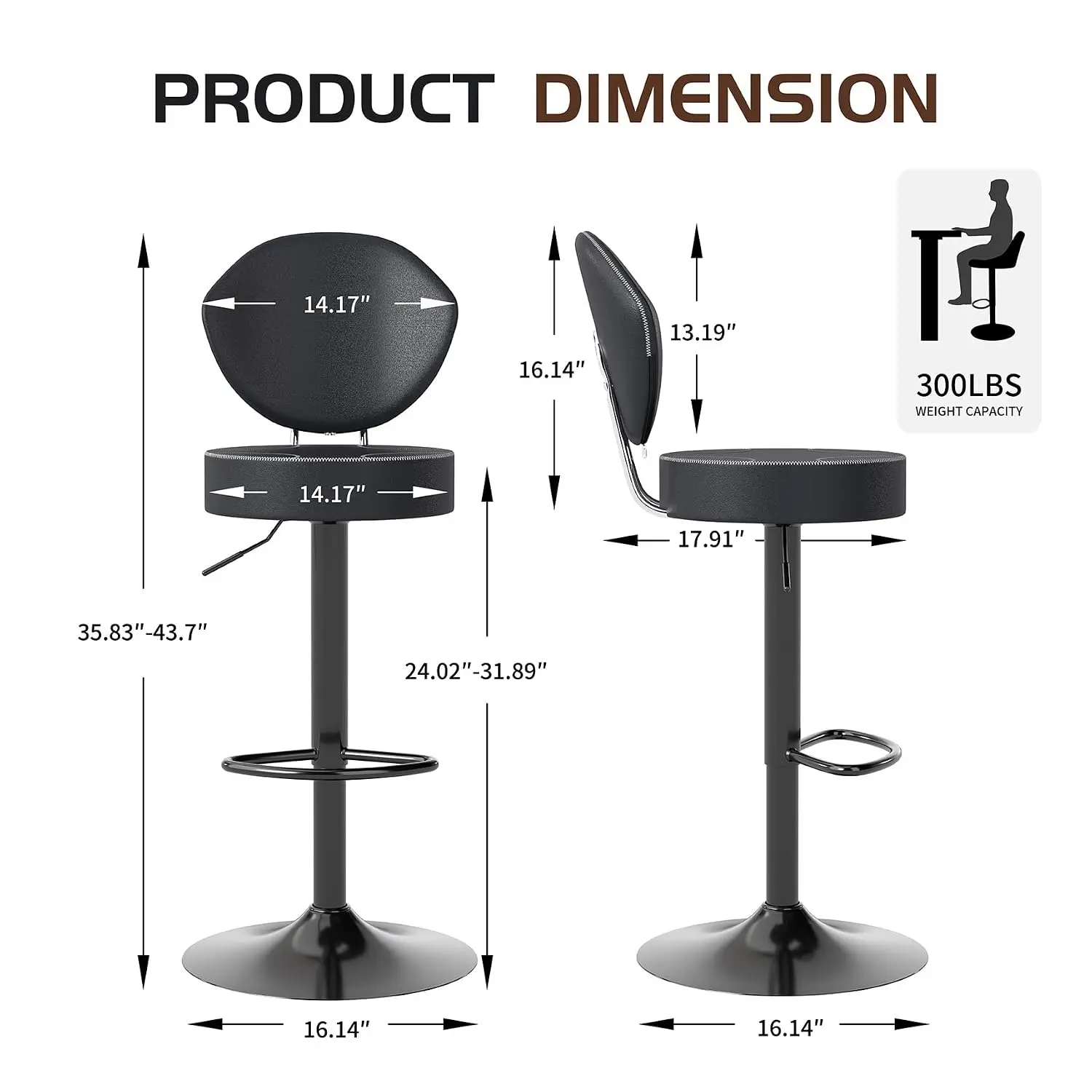 Swivel Bar Stools Set 4, Adjustable Height Suede-Like Leather Black | Counter Height Stools With Back, Tall Armless, Customized