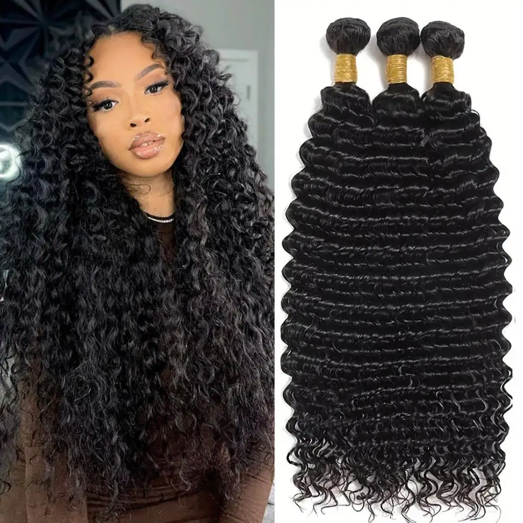 

Человеческие волосы с глубокими волнами 1, 3 пучка, пучки премиум-класса с глубокими волнами, 100% пучок человеческих волос, наращивание человеческих волос # 1B Натуральный черный цвет