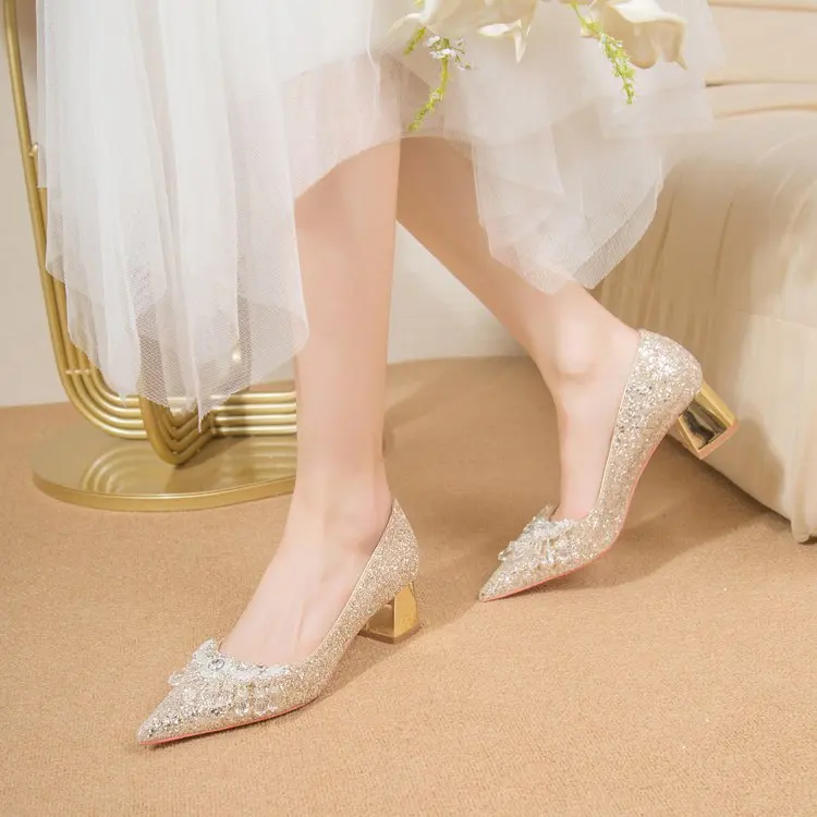 White Wedding Shoes Women\'s New Bride Sequins 2023 Thick Heels Pregnant Women Wedding Dress Crystal Buckle Lady Party Pumps