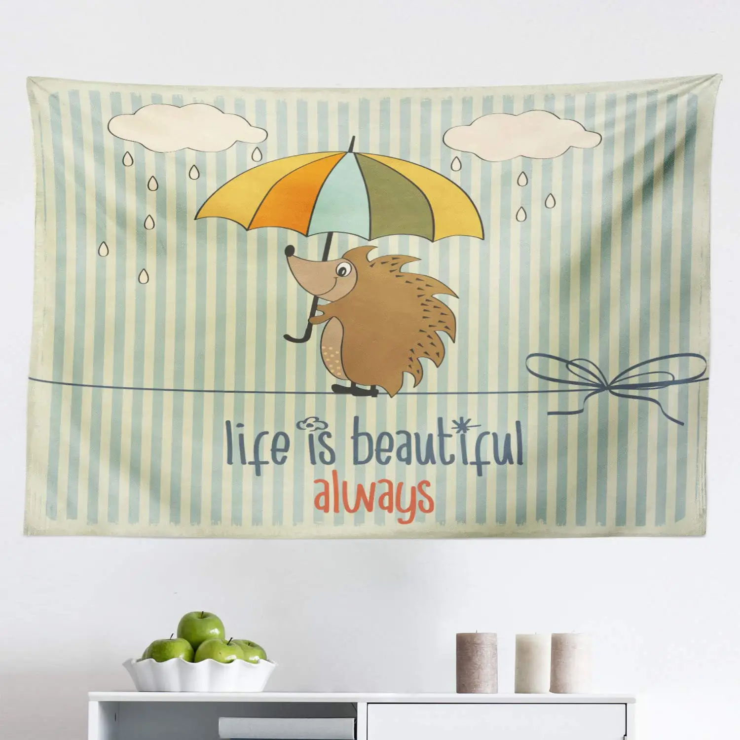 Saying Tapestry,Hedgehog with Umbrella Under Rain and Phrase Life is Always Art Wall Hanging Decor for Bedroom Living Room Dorm