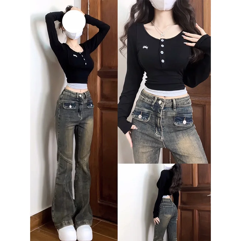 

Retro American Spicy Girl Slim Fit Long Sve T-irt Women Spring Autumn Design Unique Sweet And Spicy Base irt Top