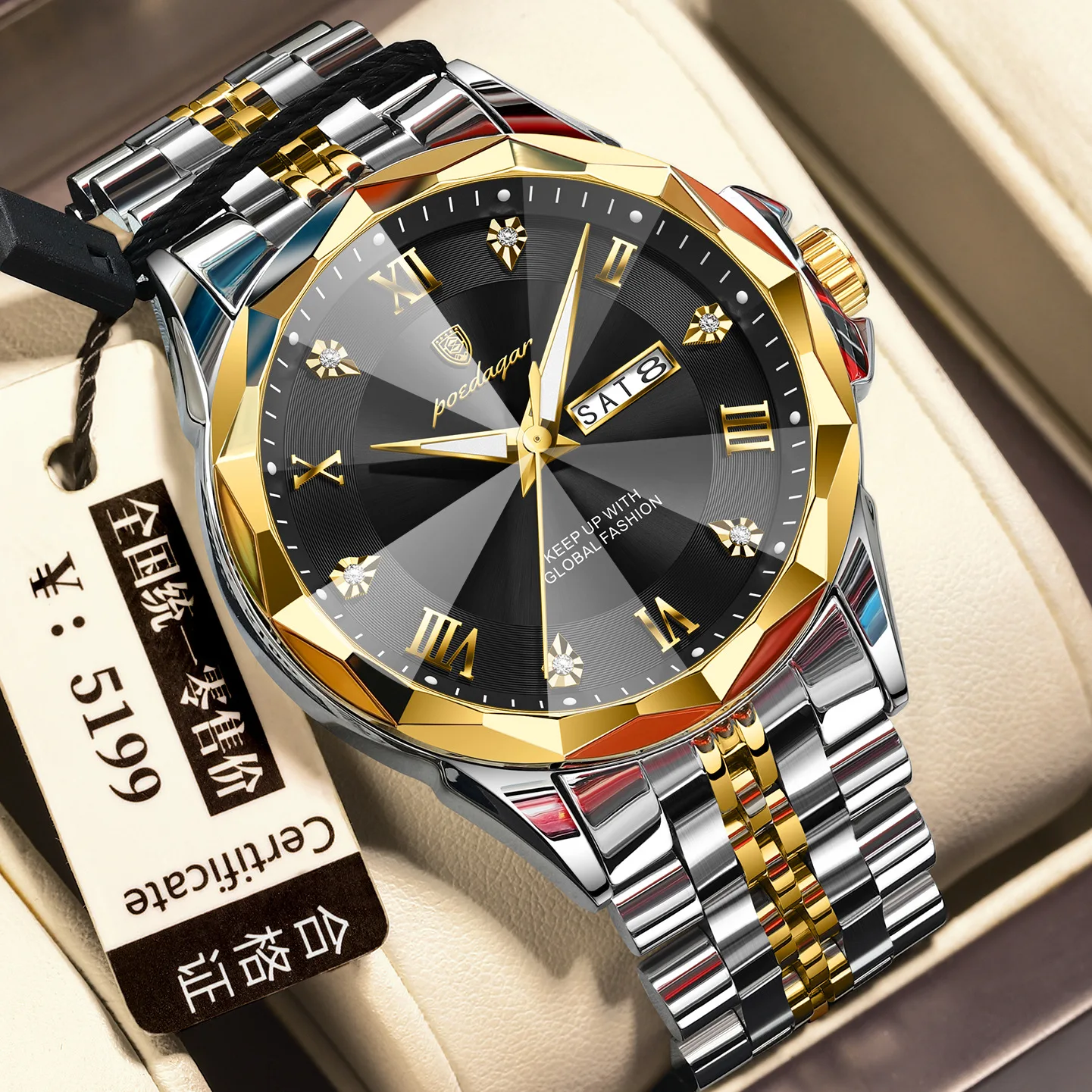 Men's Quartz Watch Blue Dial Two-tone Stainless Steel Band Luminous Calendar Waterproof Business Wristwatch