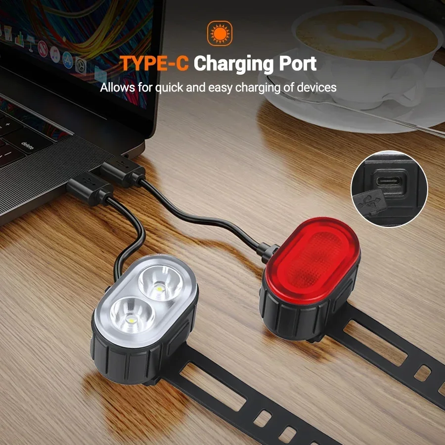 Bicycle Front & Rear Light Set Rechargeable LED Headlight Taillight Portable Floodlight for Mountain Road Biking Night Riding