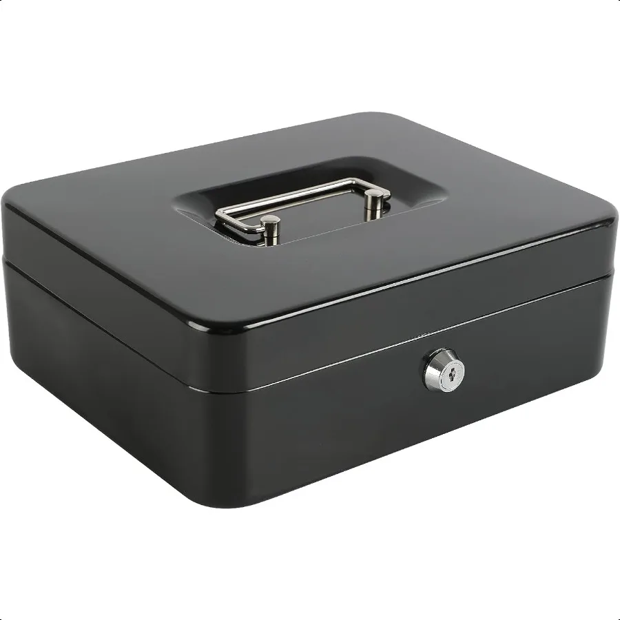 xydled Cassetta contanti grande in acciaio con chiusura con vassoio portamonete rimovibile e serratura a chiave 9,84x 7,87x 3,54 Nero