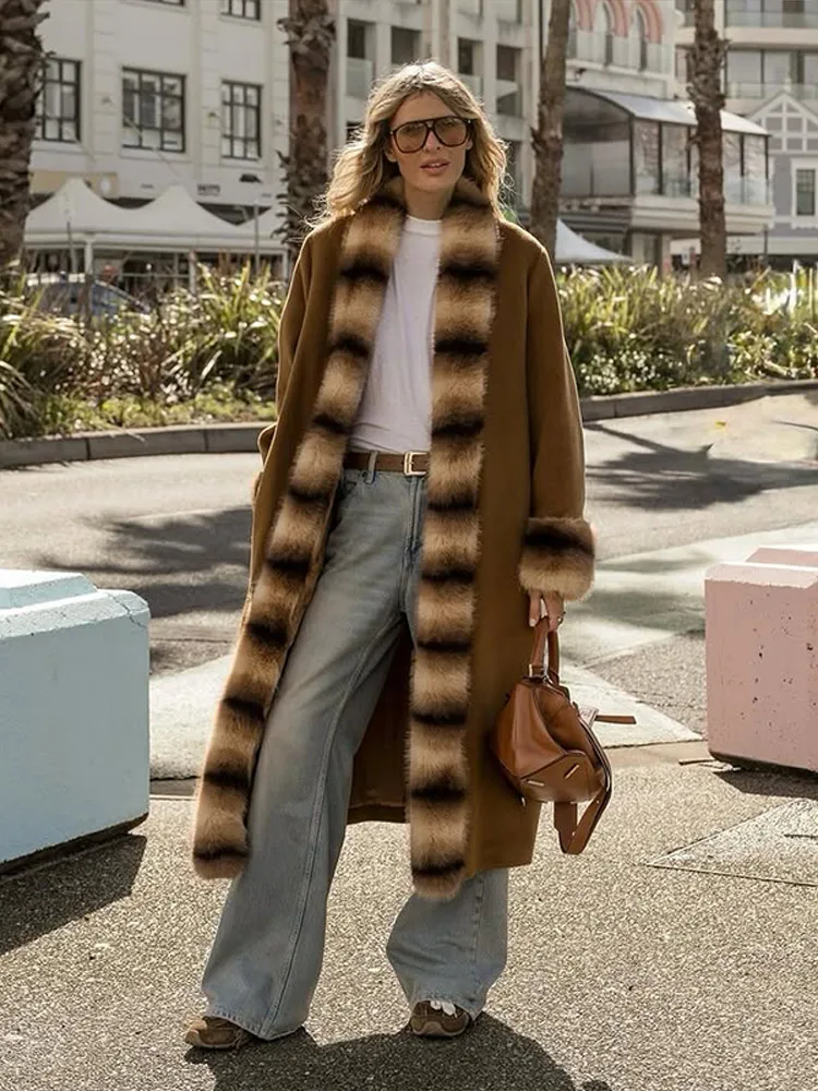 

Elegant Contrast Color Long Faux Fur Coat Women Loose Full Sleeve Luxury Cardigan Female 2025 Autumn Winter Lady Warm Outwear