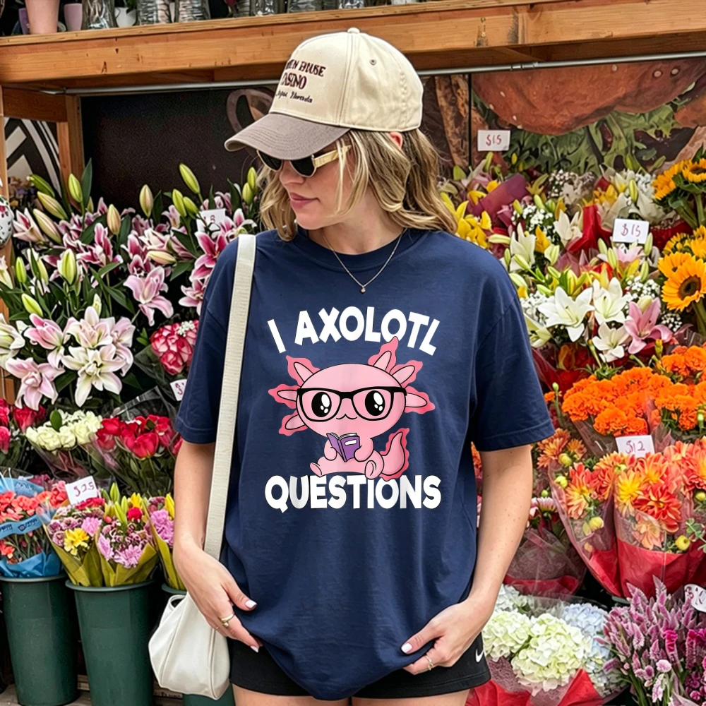 I Axolotl Questions Pink Axolotl Wearing Glasses Reading Book Cartoon Graphic T Shirt Cotton Tee Nerdy Salamander Pun Cute Tops
