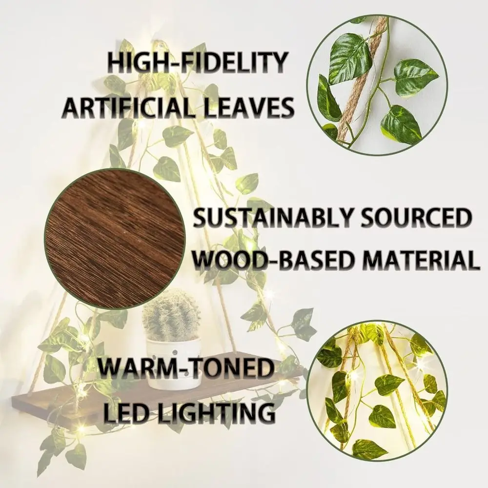 Nordic Artificial Ivy Floating Wall Shelf LED Light Wooden Wall Mounted Shelf Floating Hanging Plant Pot Tray Living Room