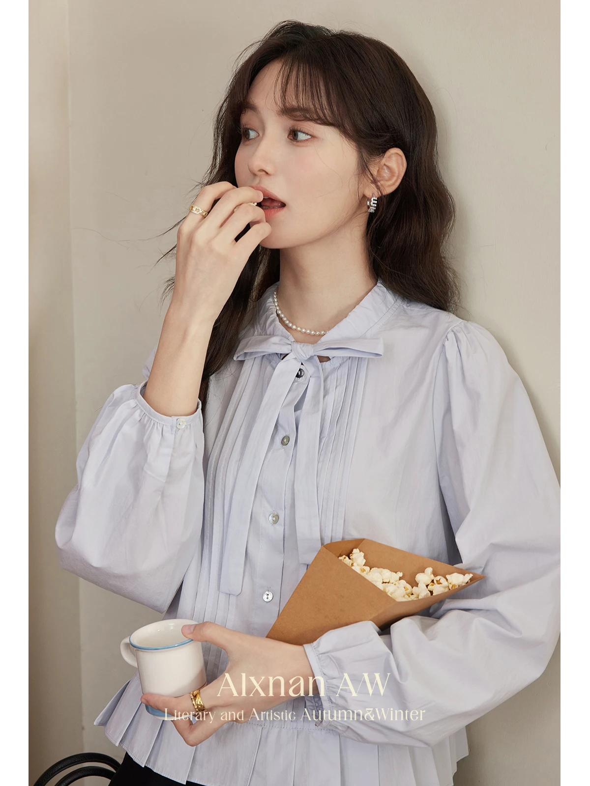 ALXNAN Camicia Blu Donna Autunno Arco Pieghettato Volant Camicia a maniche lunghe Office Lady Casual Moda Elegante Camicette femminili L50602