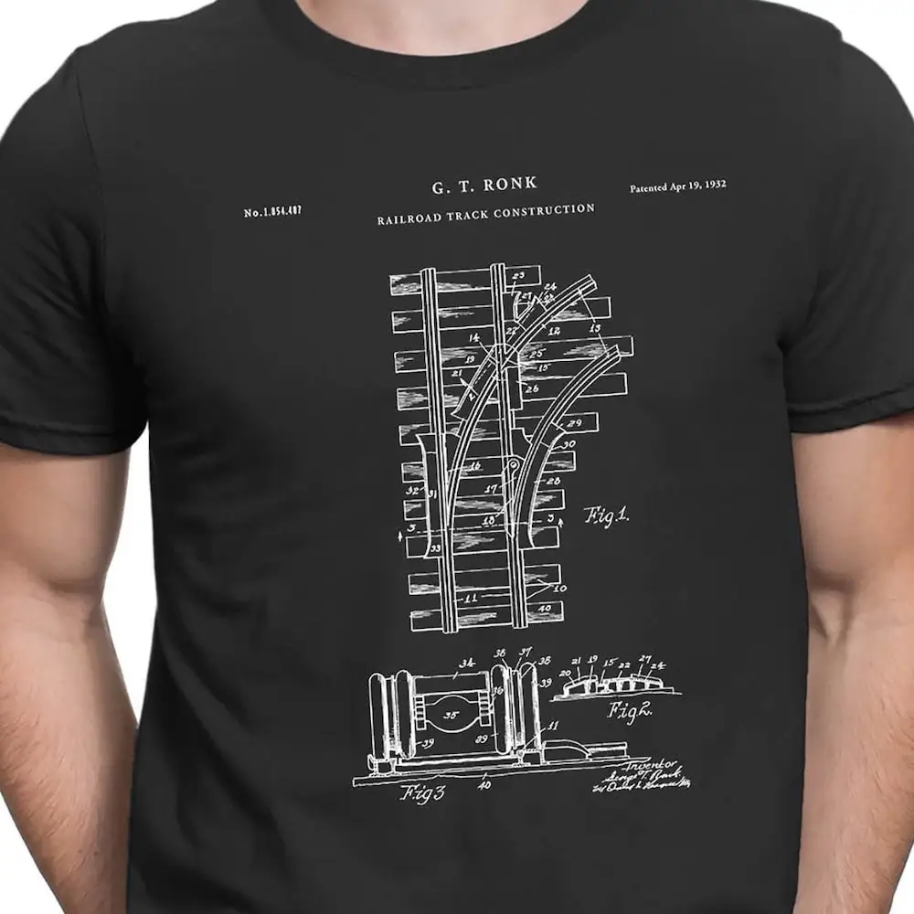 1932 Railroad Tracks Patent Train T Shirt Locomotive Decor Railway Station Collector Pt446