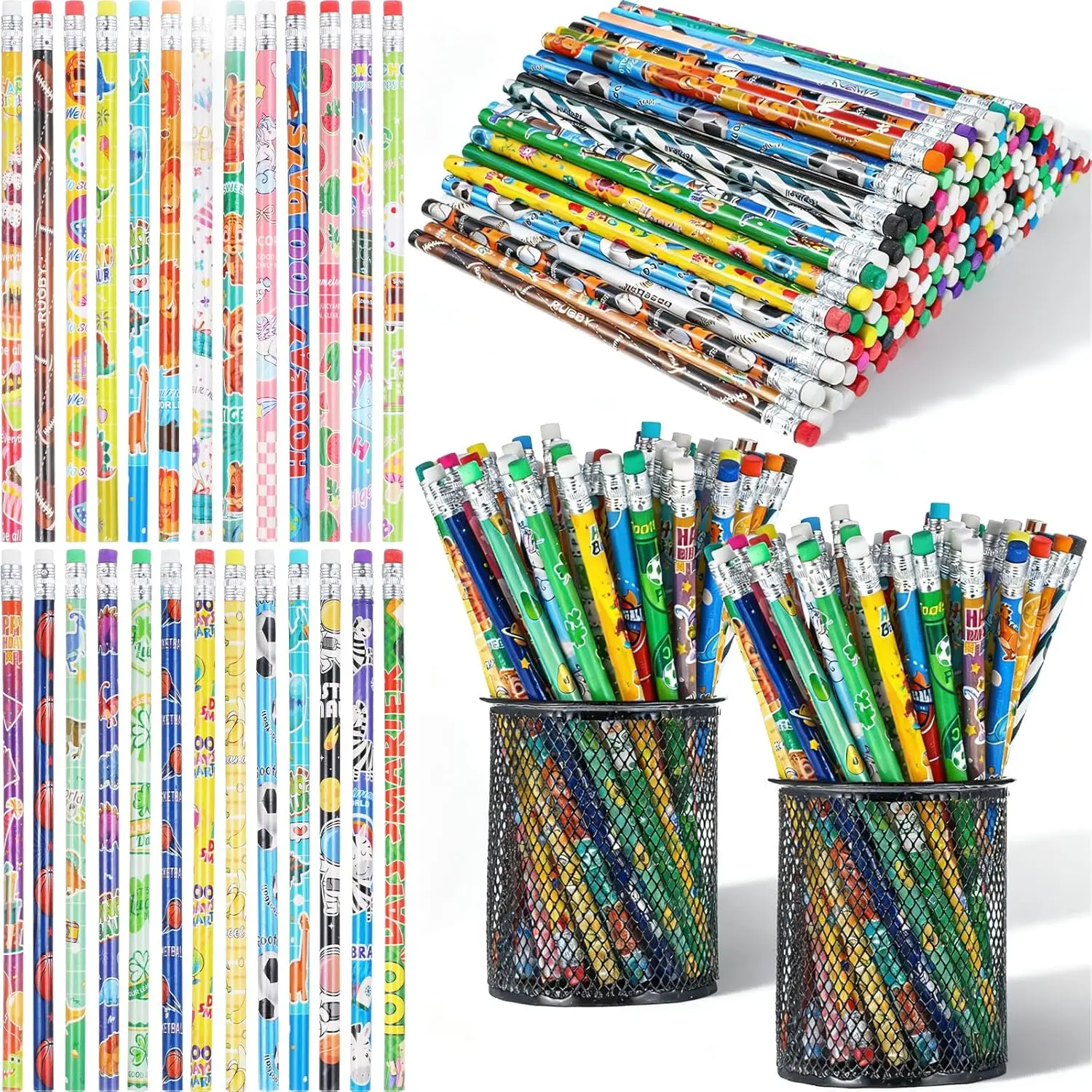 

180 Pcs Colorful Wooden Pencils with Erasers, HB Multicolor Bulk for Learning Supplies, Rewards & Gifts