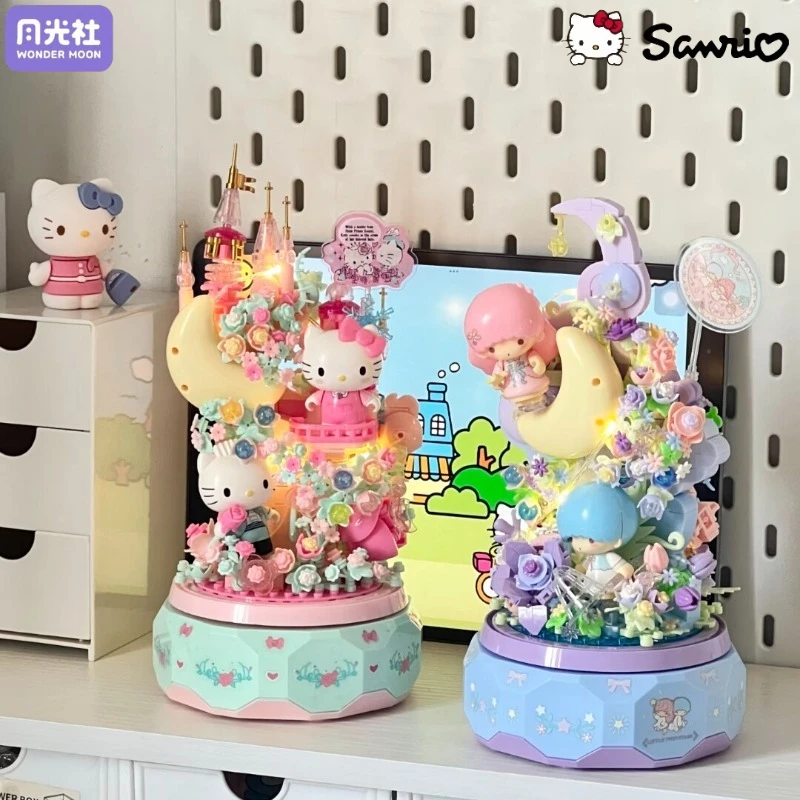 Sanrio Hello Kitty Rose Garden Light-up Rotating Music Box Twin Stars Assembled Building Block Toy Model Desktop Decoration Gift
