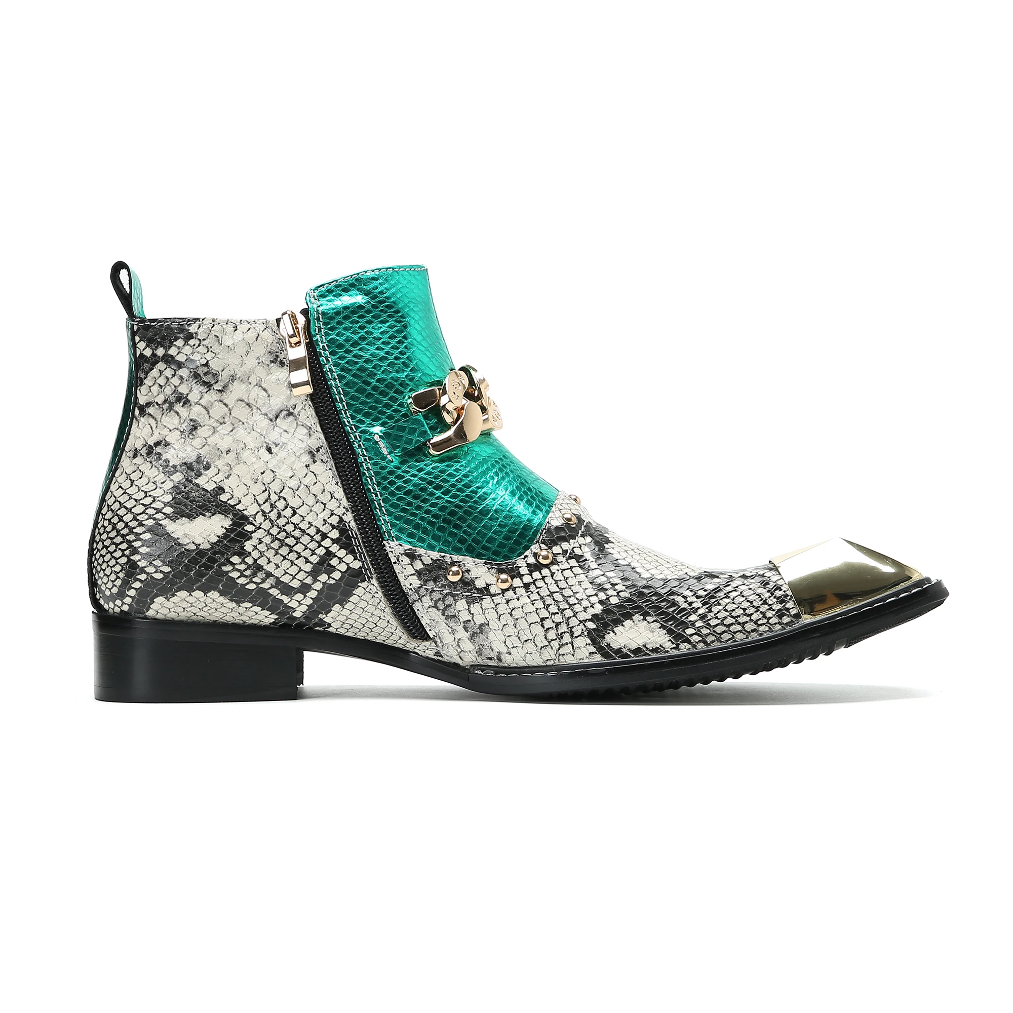 Board Luxus hand gefertigte Herren stiefel goldene Metall zehe blaue Leder Stiefeletten Herren Reiß verschluss Schnallen Rock Party und Hochzeit Botas Schuh – Detail 11