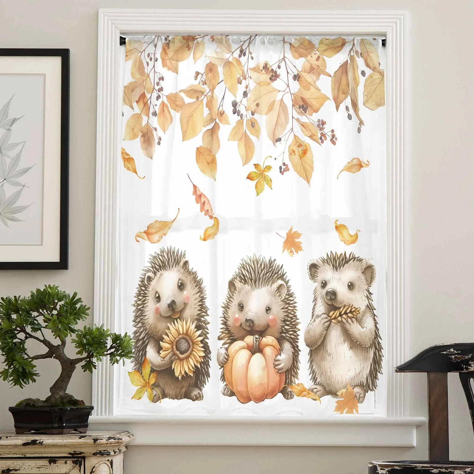 Autumn Watercolor Pumpkin Mushroom Hedgehog Sheer Curtains for Living Room Tulle Window Curtain Luxury Home Balcony Decor Drapes