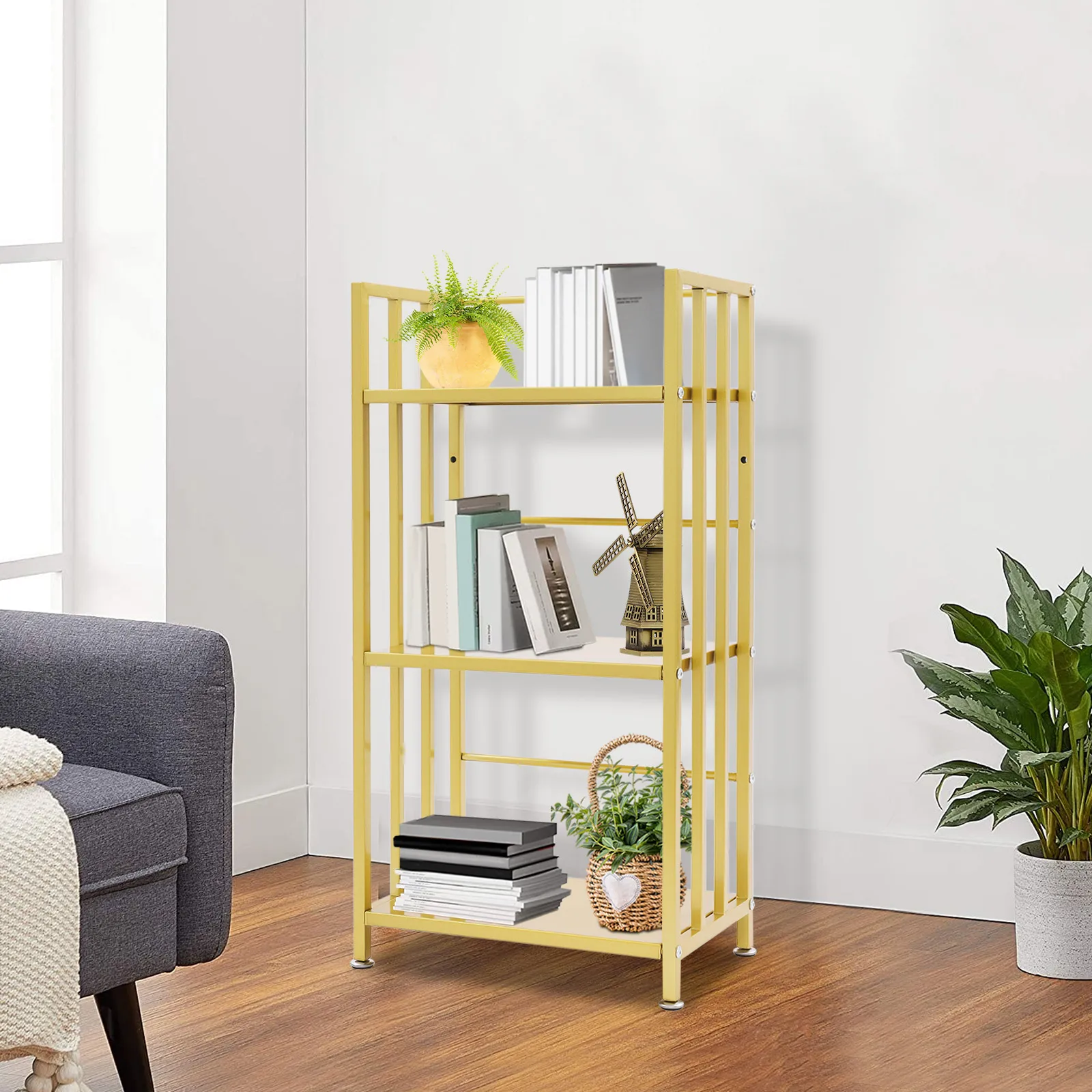 (Emas) Rak Buku Pajangan Berdiri Lantai 3 Tingkat, Rak Pajangan Rak Buku Besi, Rak Buku Rak Terbuka untuk Rumah Kantor, 60*25*78.5 cm