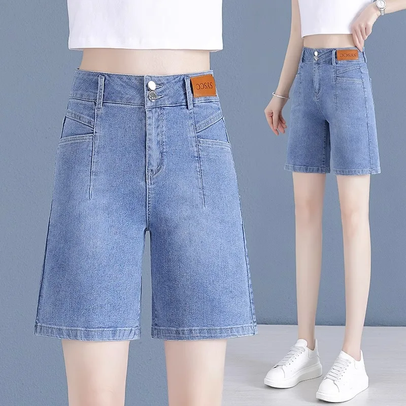

High Waist Wide Leg Jeans Women's Summer Thin Ice Silk Five-Point Casual Long Pants Thin Denim Fabric Cool Feeling