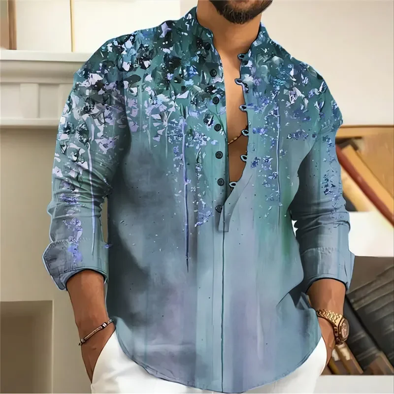 Stylish and Eye-catching Men's Printed Casual Long-Sleeved Shirt with Bright Colors