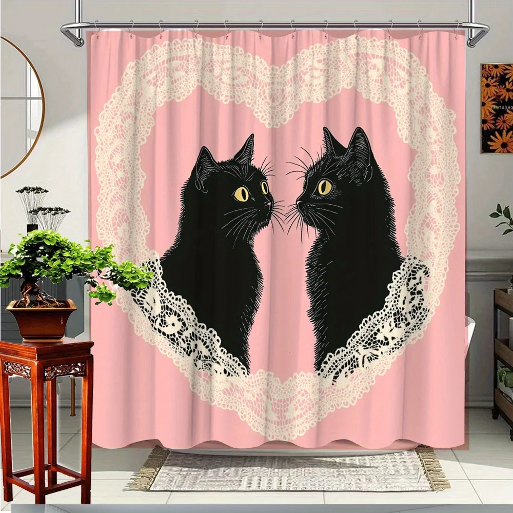 

1pc black cat shower curtain with pink lace heart design-elegant animal print bathroom decoration, 70.8 x 70.8 inches