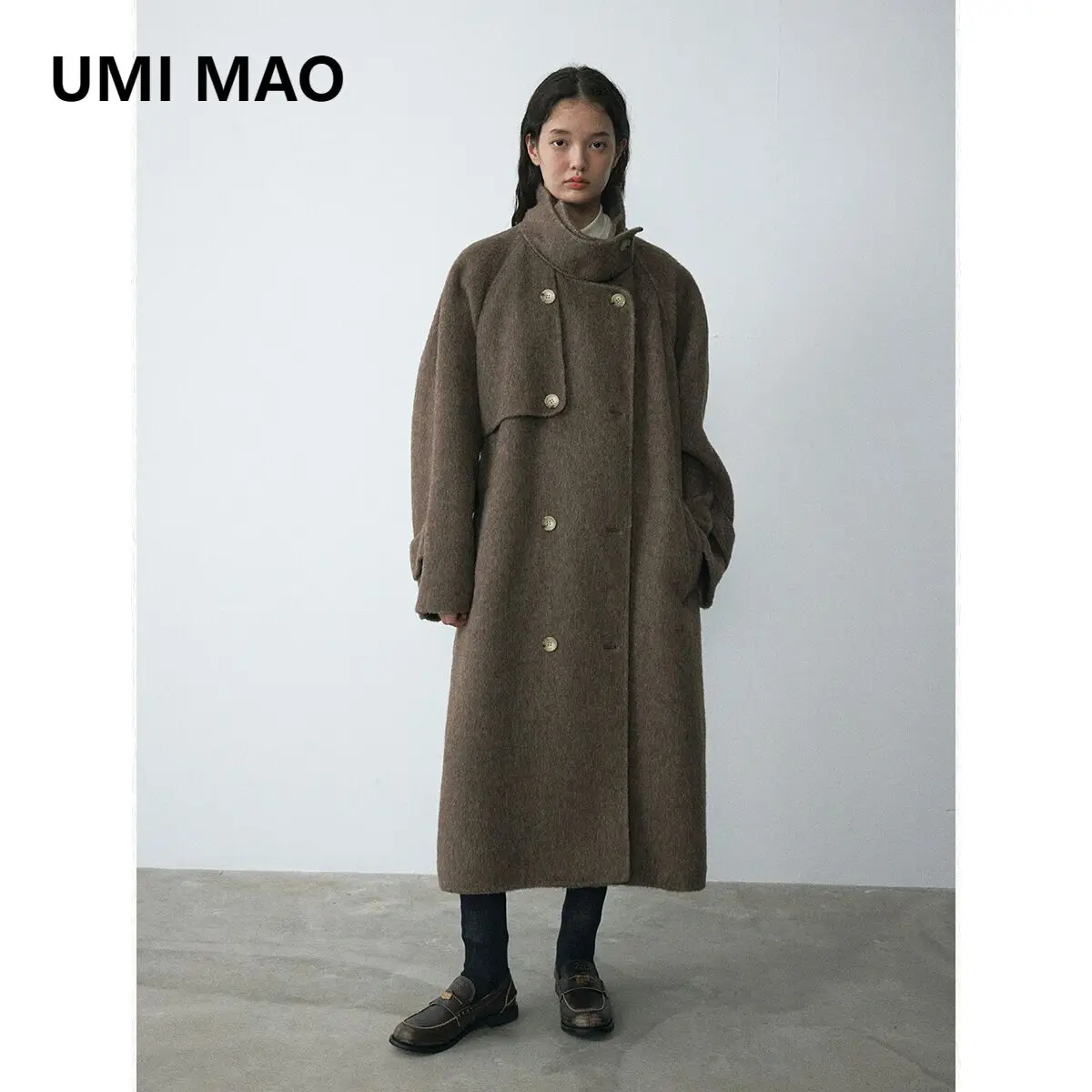 

UMI MAO женские шерстяные пальто, новое повседневное бархатное двубортное шерстяное пальто с воротником-стойкой, женское пальто