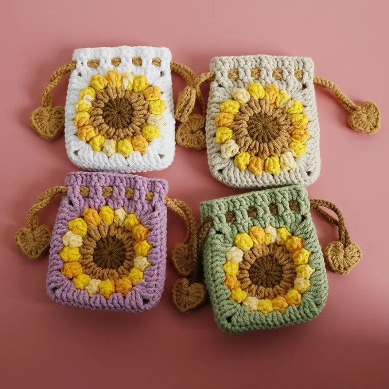 1pc Sunflower Crochet Drawstring Pouch, Hand-Knitted Mini Storage Bag, Perfect for Organizing Earphones, Coins, Cards, Keys