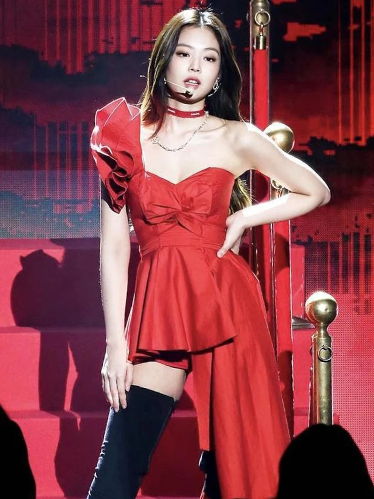 Red Shoulder-baring Top with  Knot Performance Costume for Female Singer  Jisoo Stage Outfit Women's Fashion
