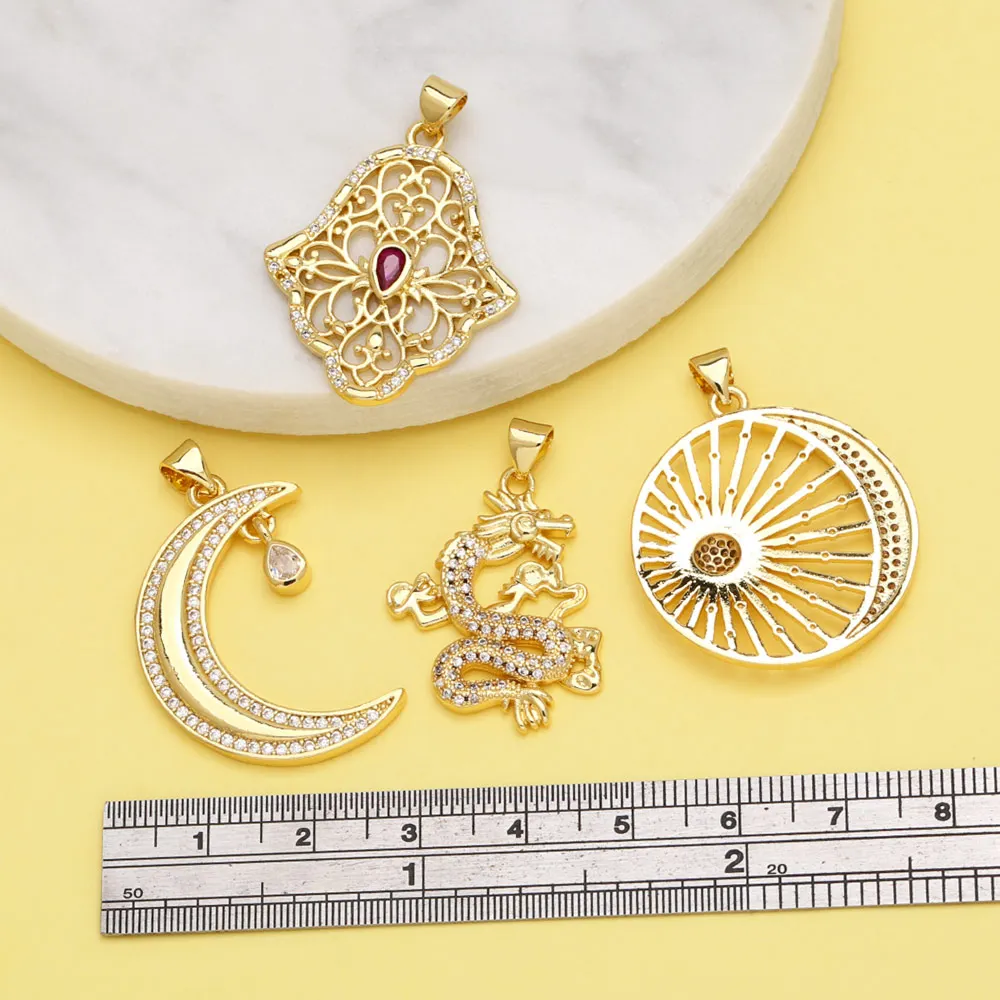 OCESRIO Trendy White Crystal Fatima Hand Pendant for Necklaces Copper Gold Plated Moon Sunshine Jewelry Making Supplies pdtb511