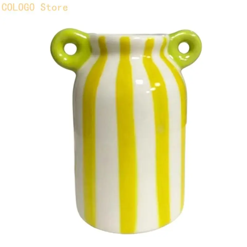 Ceramic Flower Vases Small Striped Flower Vessel with Double Side Detail for Shelf Display, Desk Styling, and Entry Table