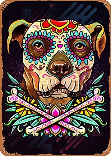 

Pitbull Dog Sugar Skull Vintage Look Metal Sign Art Prints Retro Gift 8x12 Inch