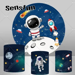 Universe Starry Sky Astronaut Round Backdrop Cover for Kids Birthday Party Dark Blue Outer Space Background Cylinder Covers