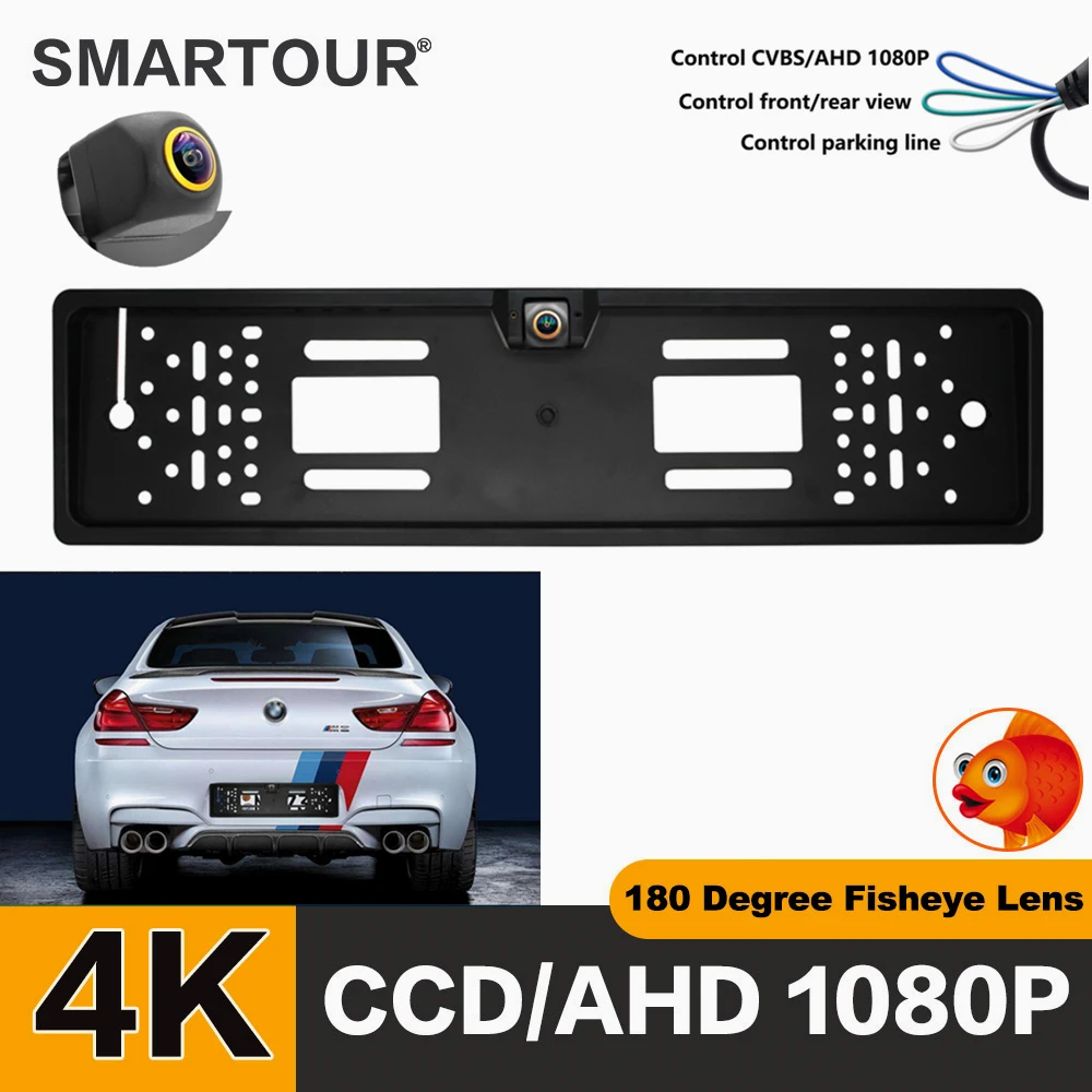 

SMARTOUR 4K 180 Degree fisheye 1920x1080P AHD EU European Car Rear View Number License Plate Frame Camera Fisheye Night Vision