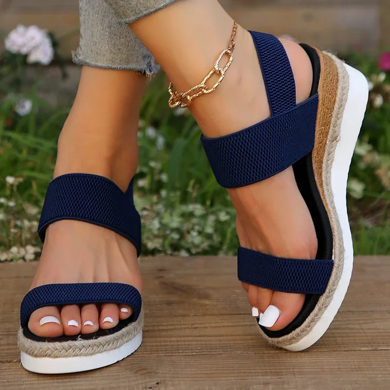 Stretch Fabric Knitted Wedge Sandals Women Back Elastic Band Platform Sandles Woman Super Size Summer Thick Sole Beach Sandalias