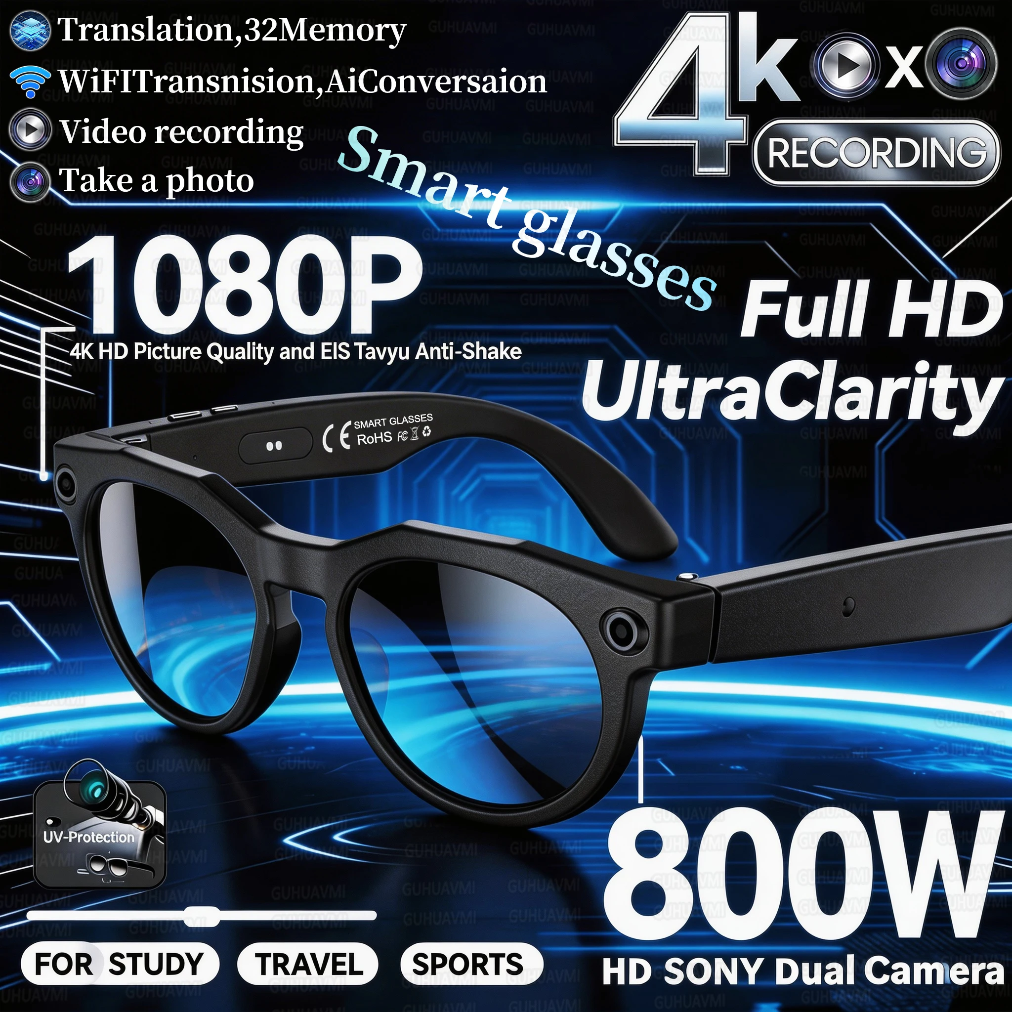

2026 New AI Smart Glasses 4K HD Camera Chat GPT 32GB memory Translation Bluetooth call Music Video Smart Glasses For Men Women