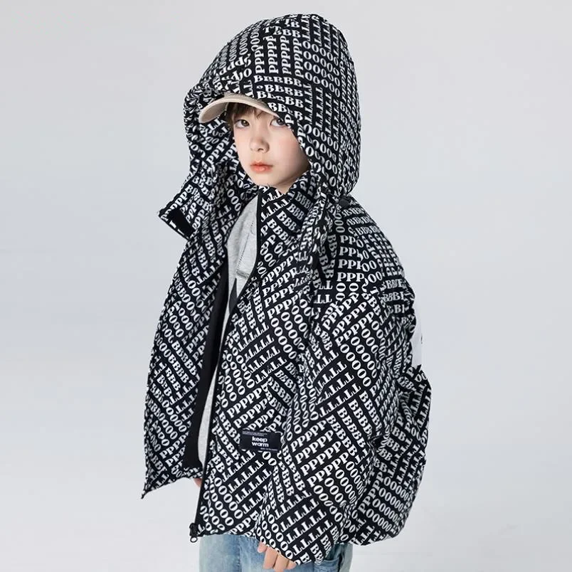 

Winter New children's Down jacket Fashion Letter Print Thicker Warm Hooded Windproof Outerwear Boys Coats A4168