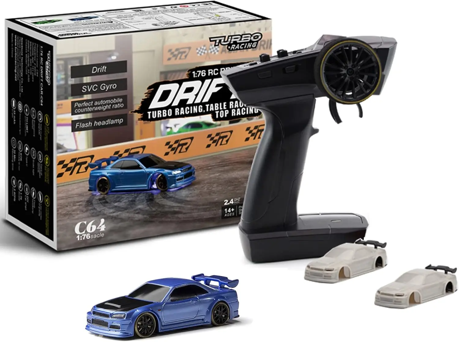 Turbo Racing C64 1:76 RC Drift Car, Full Proportional RTR (Blue) | SVC Gyro, LED Brake & Headlights, 30-min Playtime, Type-C Cha