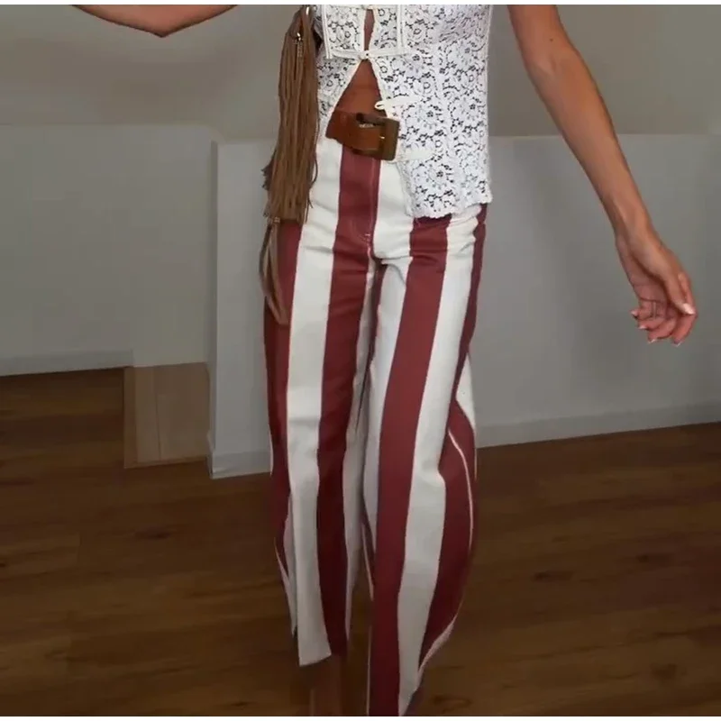 Casual Stripe Contrast Women's Pants Loose Zipper Button Pocket Wide Leg Female Pant 2026 Spring Summer Lady All-match Trousers