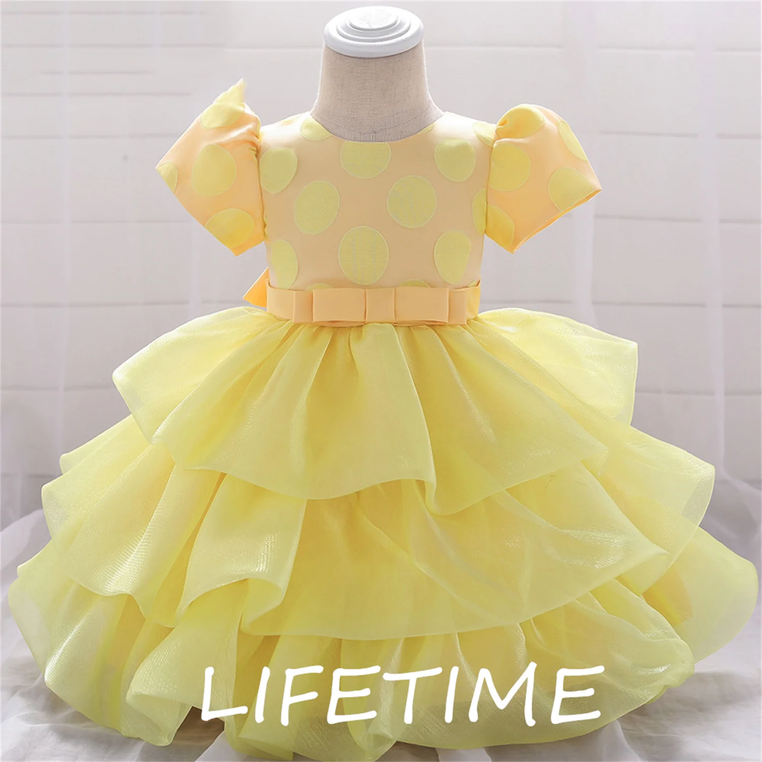 Polka Dot Kids Flower Girl Dresses Camadas de tule Primeira Comunhão Vestidos Cetim Bow Knot Girl Wedding Dresses Little Bride Dress