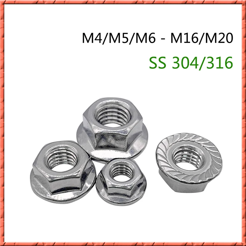 DIN6923 Stainless Steel 304/316 Flange Nut Hexagon Lock Screw With Washer Non-slip Nut M4/M5/M6/M8/M10/M12/M16/M20