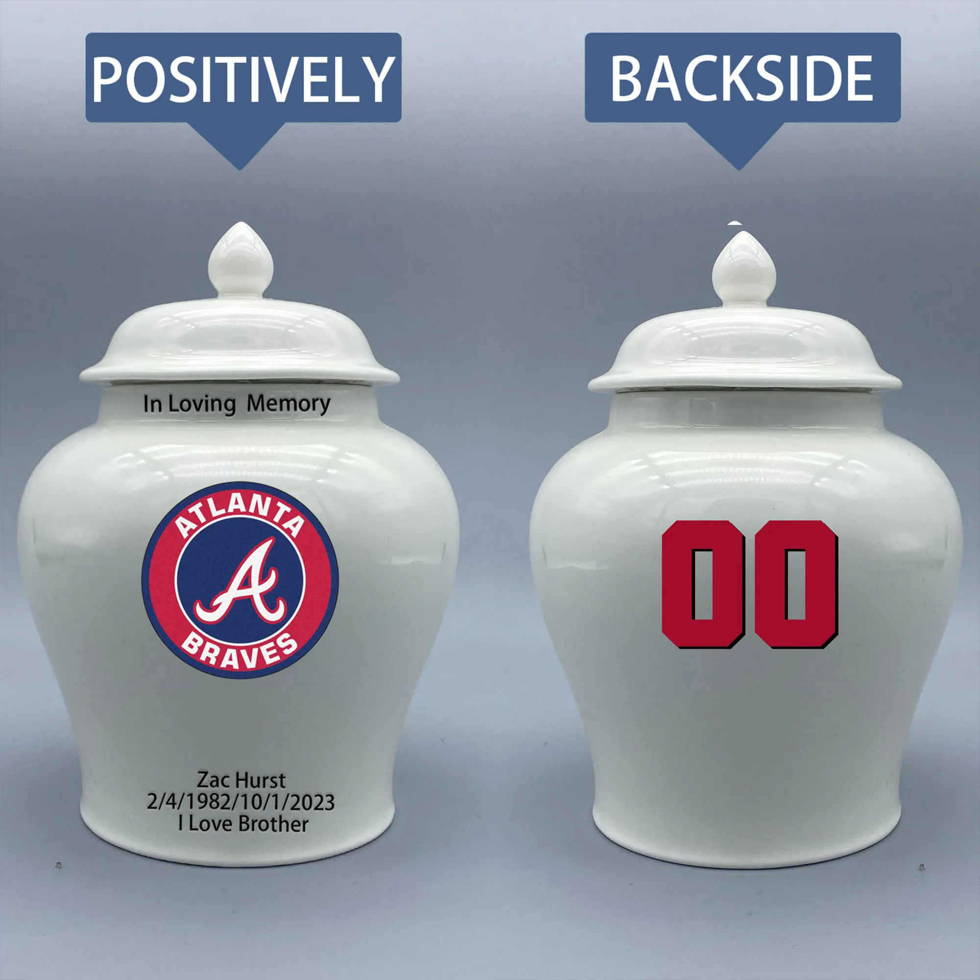 

Medium Urn for Atlanta Braves-themed Logo Urn.Please send me the customize information-name/date and number on the urn