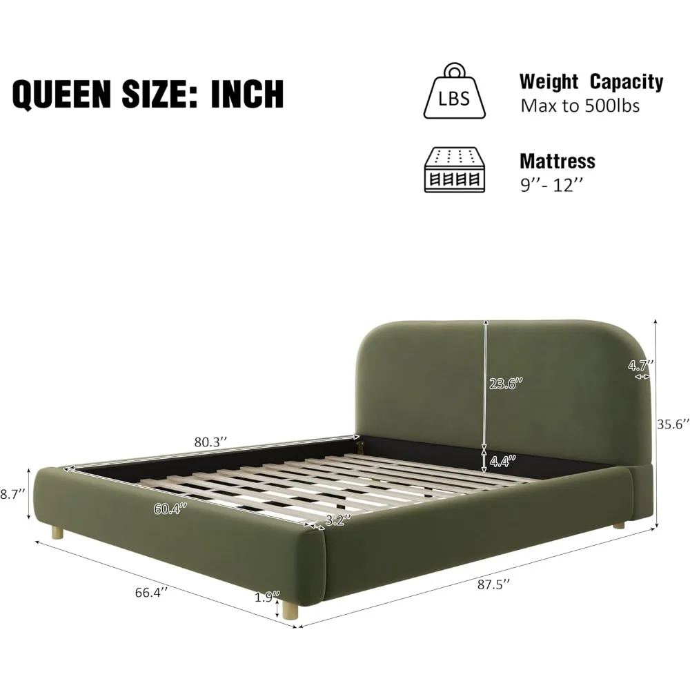 سرير بمنصة منجدة من القماش المخملي بحجم كوين من Merax مع لوح رأسي منحني، إطار سرير خشبي مع أرجل مستديرة صلبة لـ K