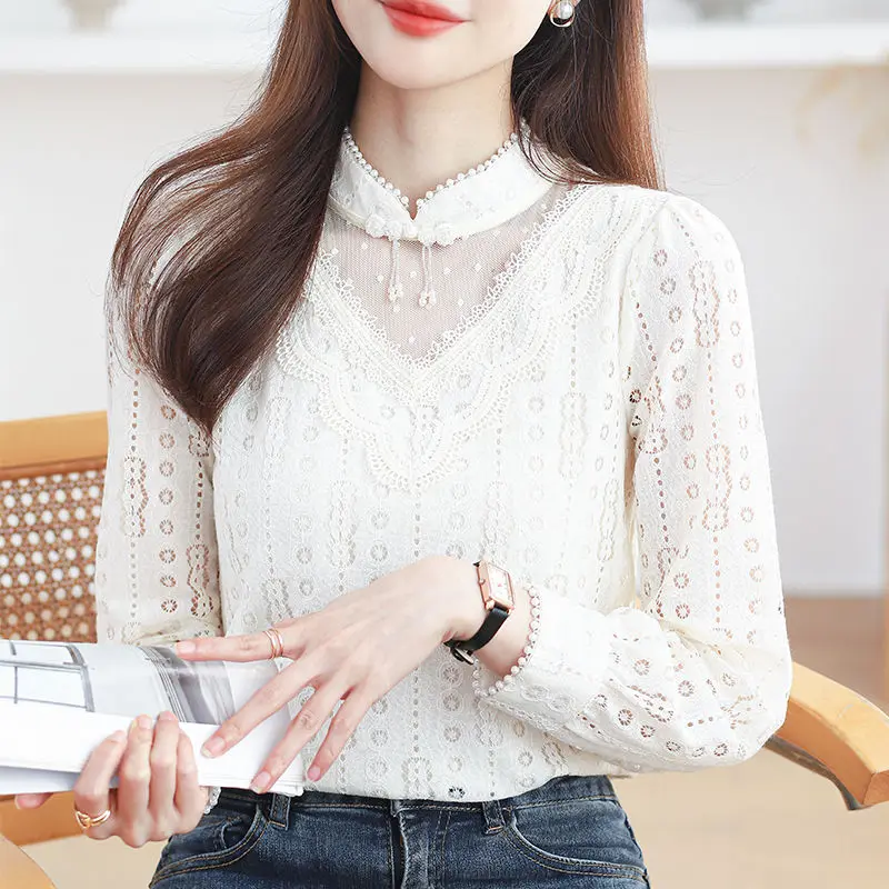 

Женская одежда, весенне-осенний однотонный пуловер с цветочным крючком, футболка с длинными рукавами, элегантные топы с высоким воротником JJ103