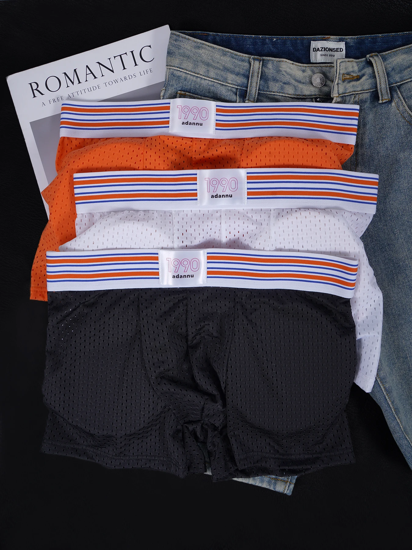 

3PCS Men's ADANNU 1990 Mesh Boxer Briefs Striped Waistband Breathable Cool Stretch Underwear